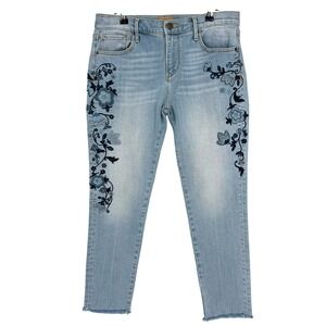 Driftwood Jackie Crop Embroidered Floral Jeans Light Wash Blue W28 Raw Hem